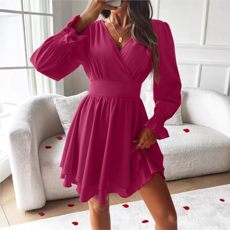 2025年 レディース服 Vネック ランタン袖 ラップミニド - Summer Clothing Wraps のレビューと価格