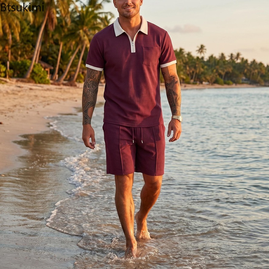 メンズワッフルカラーポロ半袖ショーツセットビーチ休暇カジュア - Summer Clothing Wear のレビューと価格