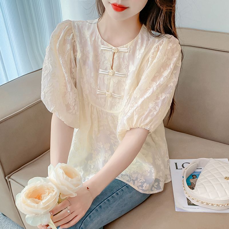 女性用ランタン半袖Tシャツ、ラウンドネック、ガーゼプルオーバ - Summer Gauze Clothing のレビューと価格