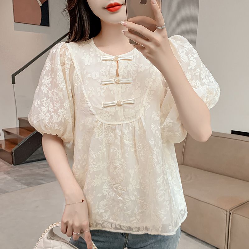 女性用ランタン半袖Tシャツ、ラウンドネック、ガーゼプルオーバ - Summer Gauze Clothing のレビューと価格