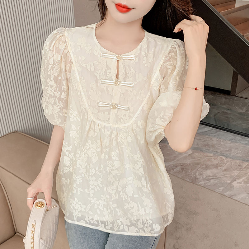 女性用ランタン半袖Tシャツ、ラウンドネック、ガーゼプルオーバ - Summer Gauze Clothing のレビューと価格