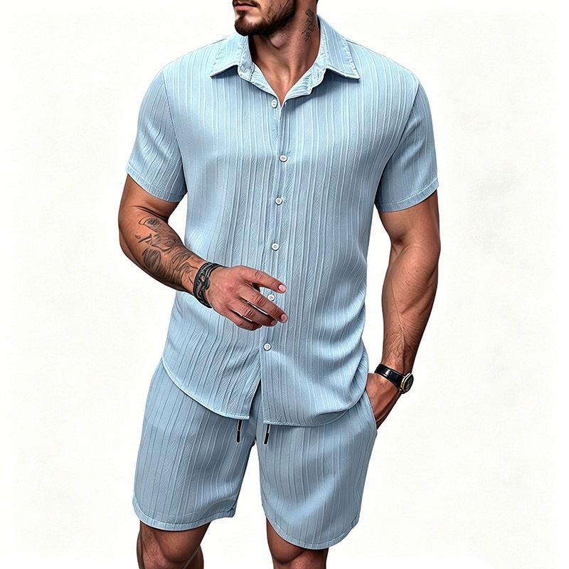 2026年新作 メンズ 縦型シワ加工ラペル半袖シャツ＆ショー - Summer Clothing Guys のレビューと価格