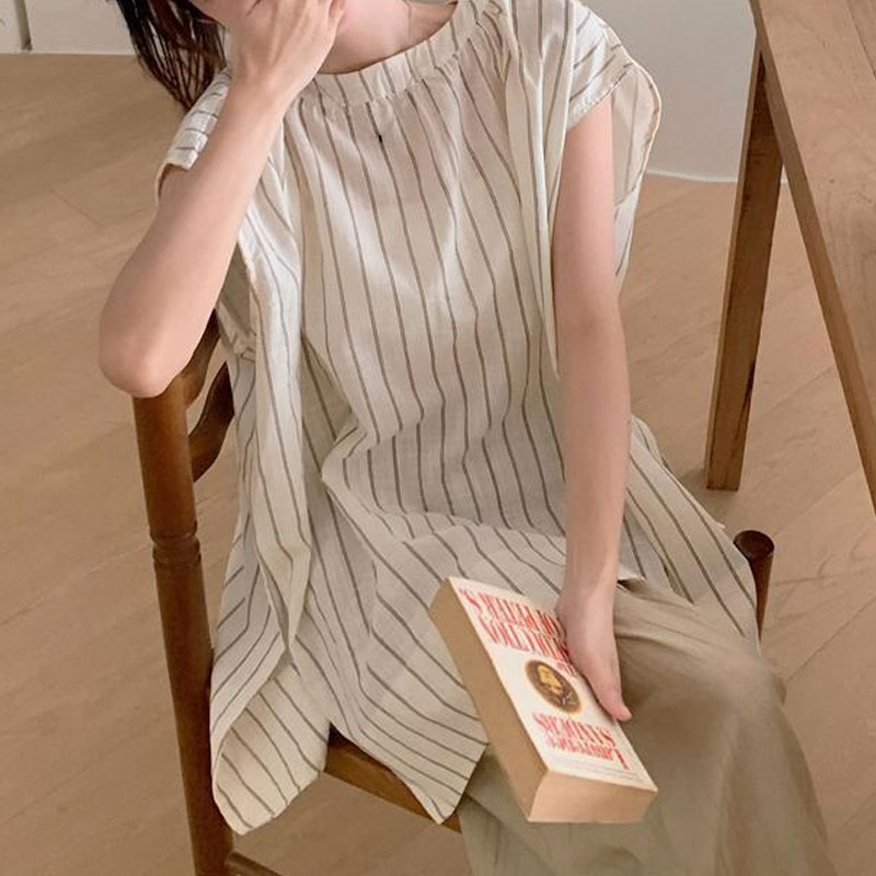 カジュアルストライプブラウス婦人服ノースリーブルーズ夏通勤フ - Summer Clothing Drop のレビューと価格